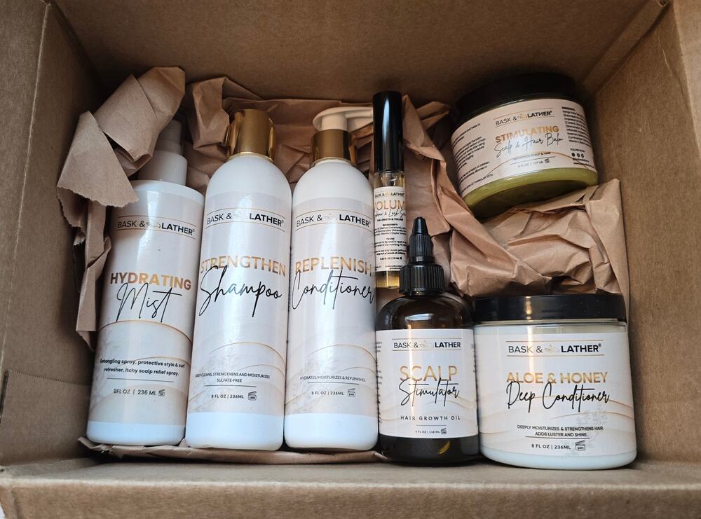 Bask & Lather Hair Care Bundle (shampoo, conditioner, mist, hair balm)